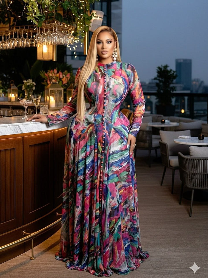Women Elegant Maxi Dress with Textured Graphic Design Lune London