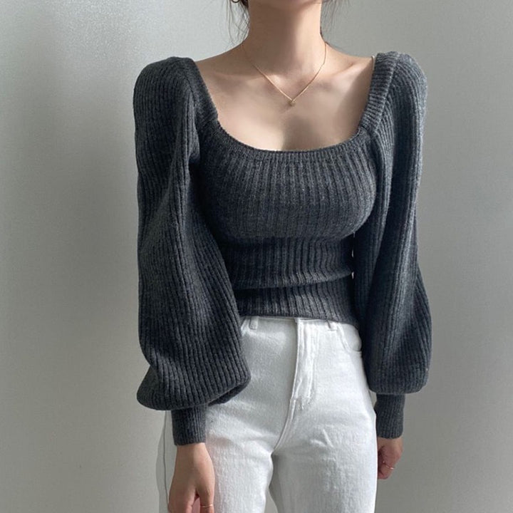 Fine knit sweater for women with a modern square neckline and flared sleeves Lune London