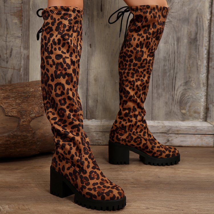 Knee-high boots for women with a stylish leopard print and a chunky block heel Lune London