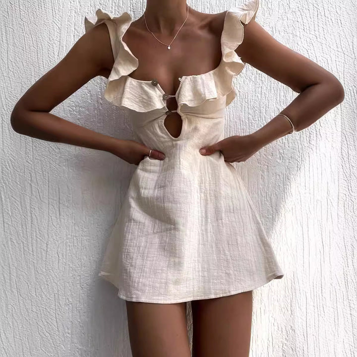 Mini dress for women with ruffled trim and open collar Lune London