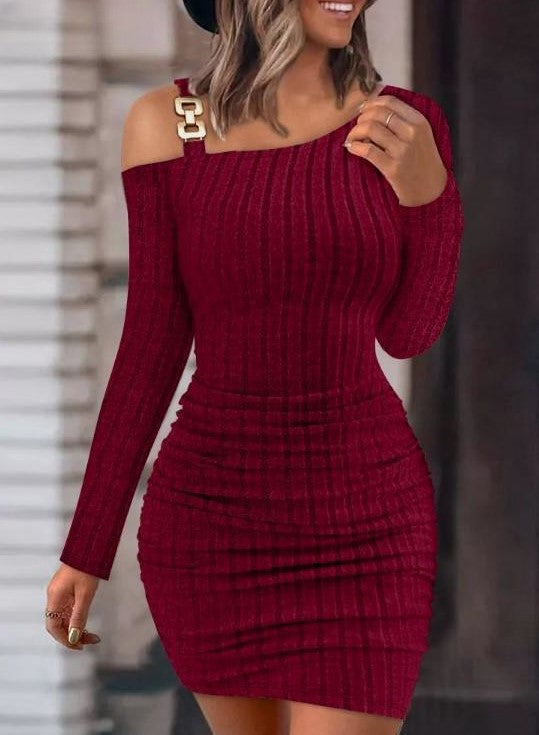 Knitted bodycon dress for women with an asymmetrical shoulder design and decorative accents Lune London