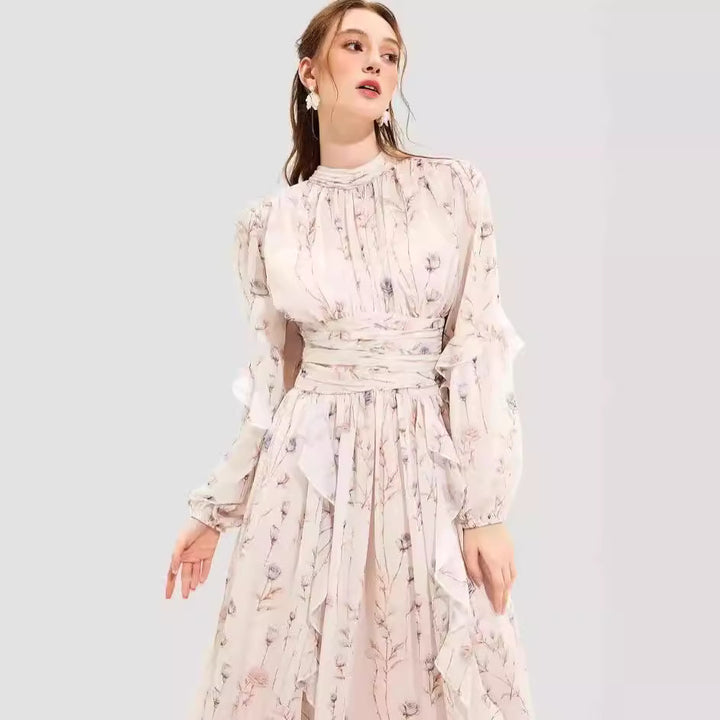 Women's midi dress with floral embroidery and elegant ruffled hem Lune London