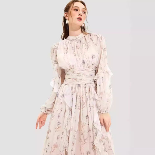 Women's midi dress with floral embroidery and elegant ruffled hem Lune London
