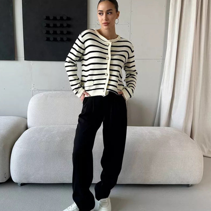 Fashionable striped women's cardigan with button details and soft material Lune London