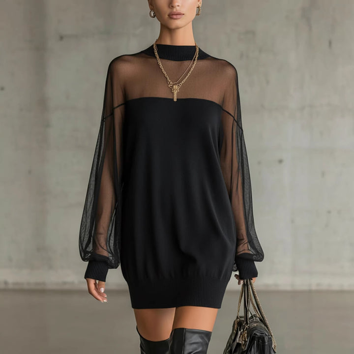 Women's Airy Mini Dress with Transparent Sleeve Parts and Stylish High Neck Lune London