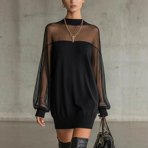 Women's Airy Mini Dress with Transparent Sleeve Parts and Stylish High Neck Lune London