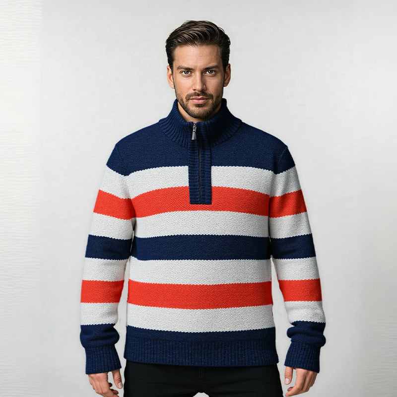 Modern knitted sweater for men with half zipper and block stripes Lune London