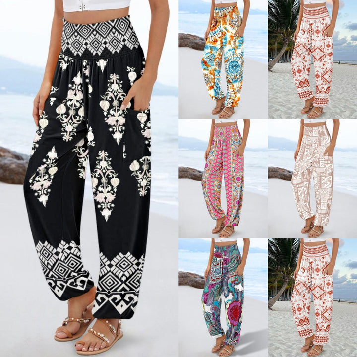 Wide Palazzo pants for women with colorful Paisley pattern and elastic waistband Lune London