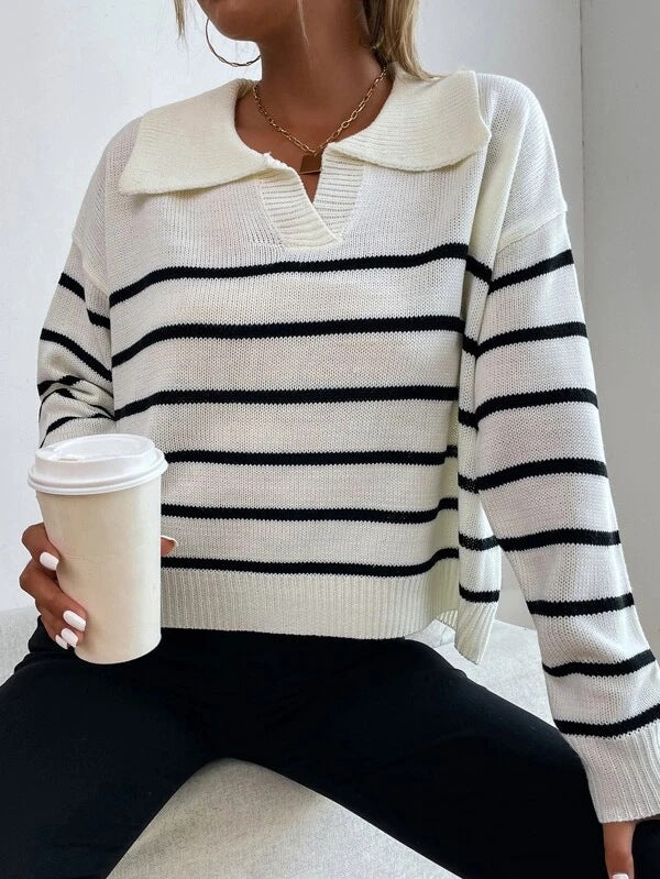Casual knit sweater for women with collar and striped design Lune London