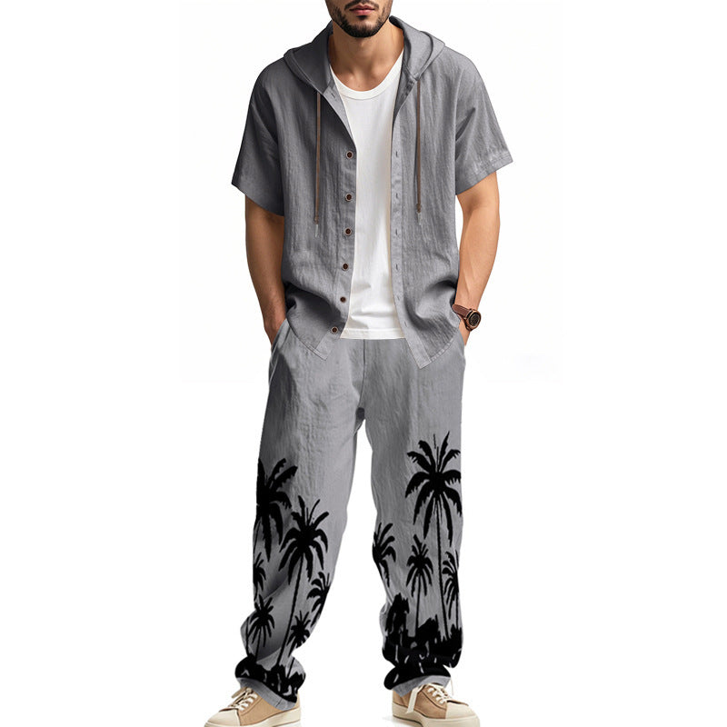 Casual outfit for men with t-shirt and hoodie pants with a trendy palm print Lune London