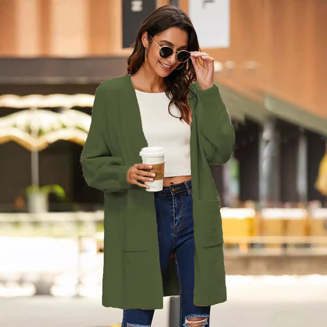 Ladies long sleeve cardigan with open front and deep pockets Lune London
