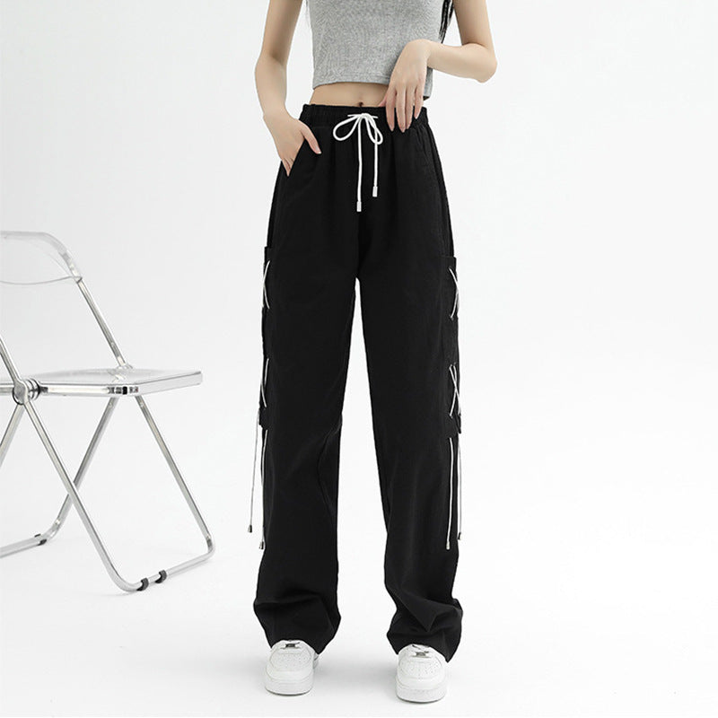Women's Wide Cut Cargo Pants with Decorative Lacing