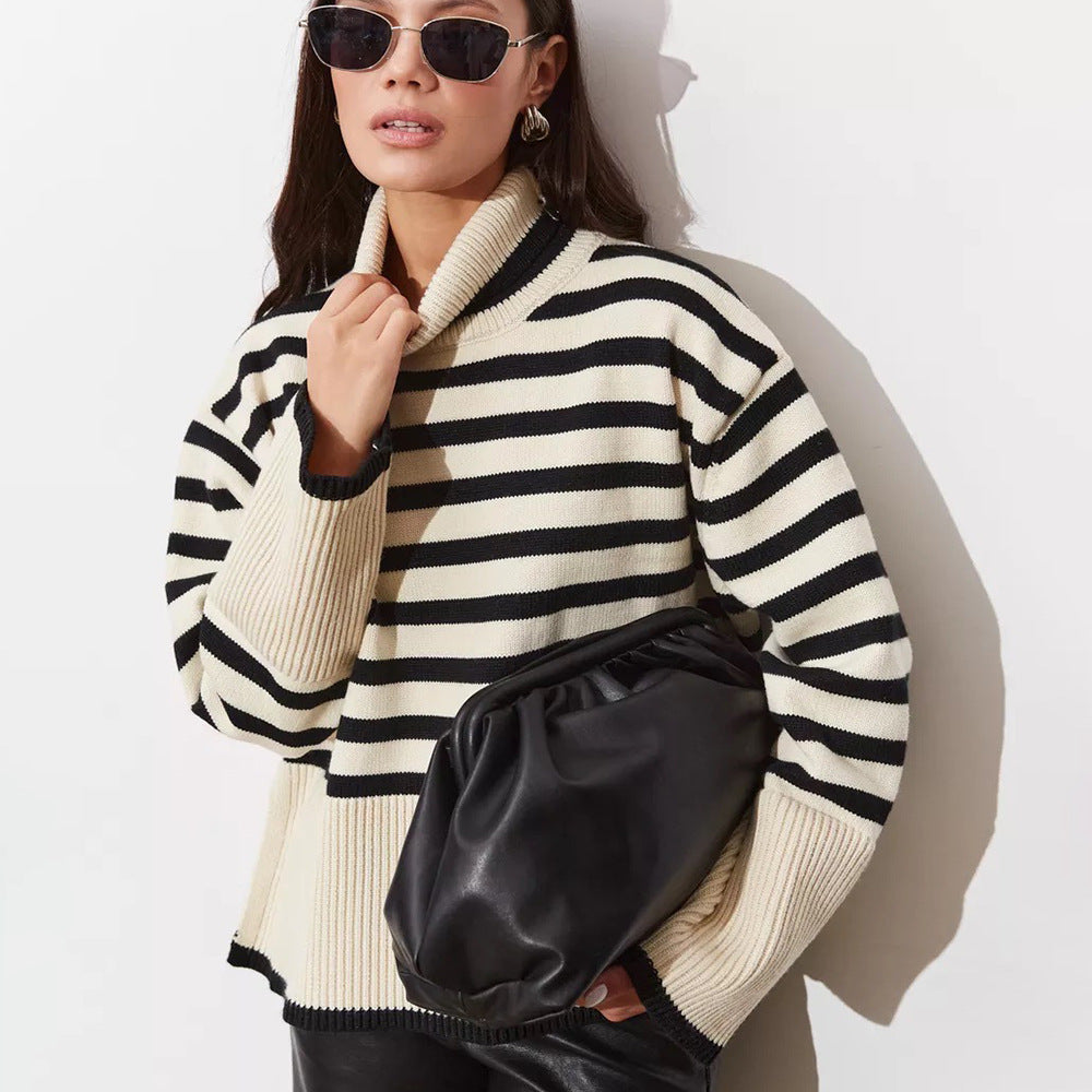 Pull en maille épaisse pour femmes avec col montant et rayures bretonnes Chic & Stil