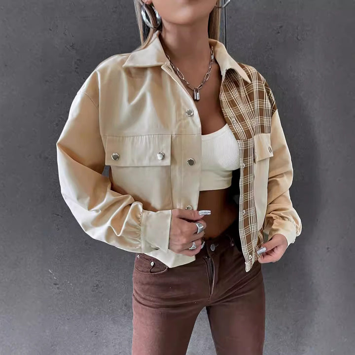 Lune London women's cropped utility jacket with plaid sleeves and classic snap buttons