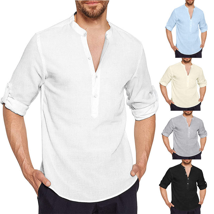 Men's linen shirt with modern high collar and classic button placket Lune London