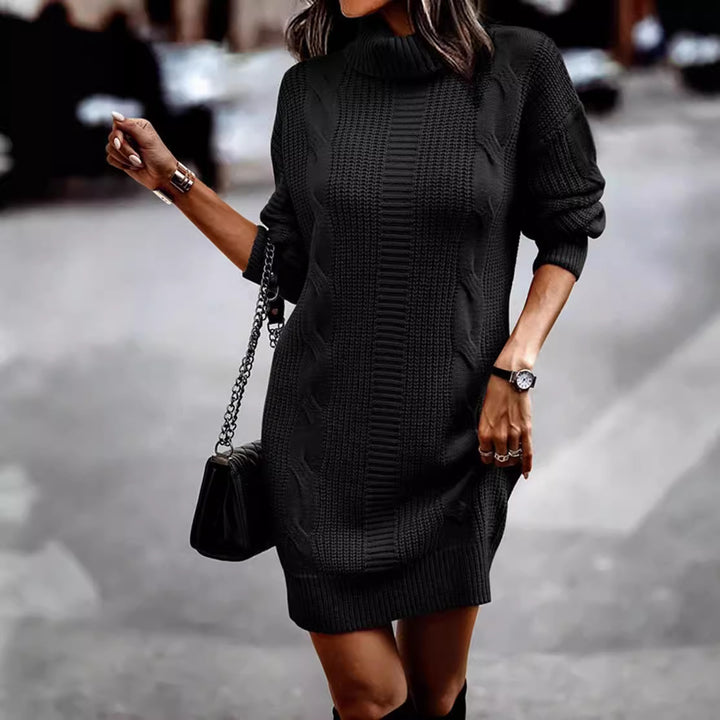 Knit dress for women with a modern braid pattern and a high collar Lune London