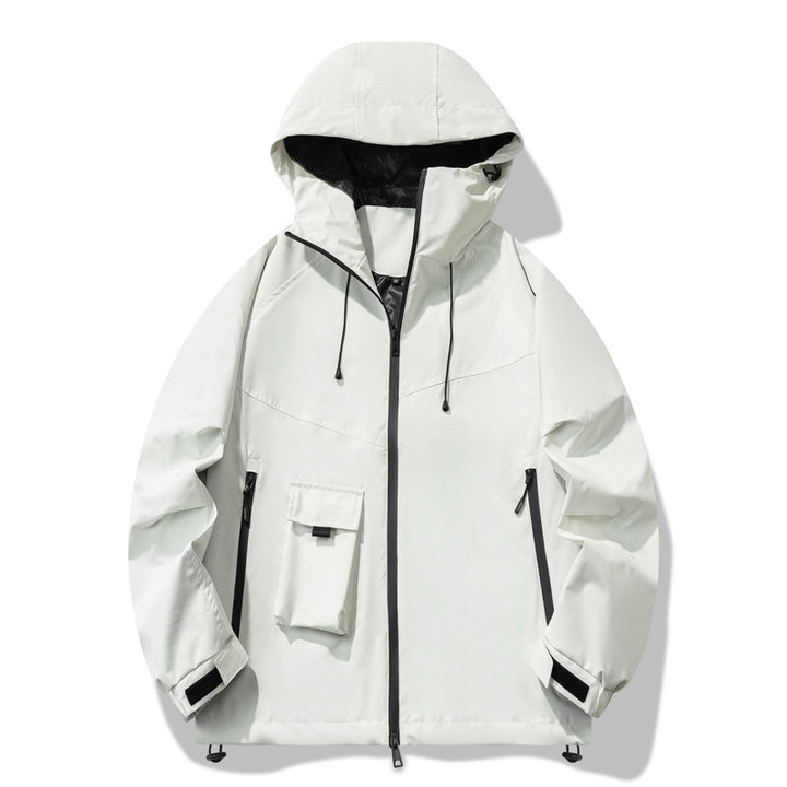 Outdoor technical jacket for men with water-repellent material and adjustable hood design Lune London