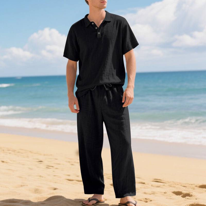 Tenue d'été décontractée pour hommes avec polo en coton de haute qualité à manches courtes et pantalons en lin confortables Lune London