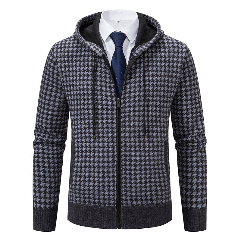 Comfortable knitted sweater for men with a modern check pattern and hood Lune London