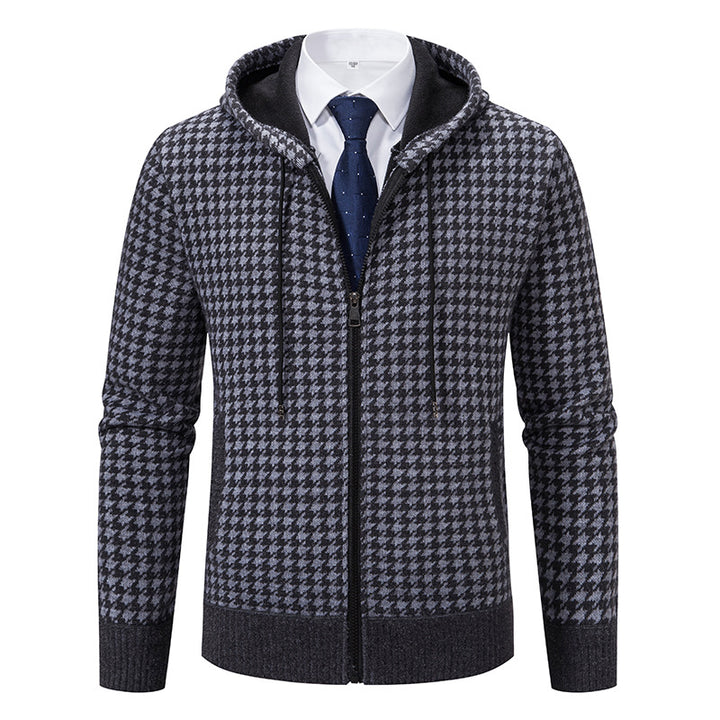 Comfortable knitted sweater for men with a modern check pattern and hood Lune London