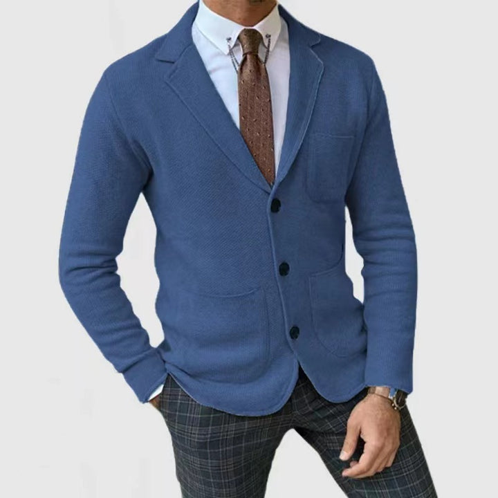 Casual knitted jacket for men with button placket and appliqué pockets Lune London