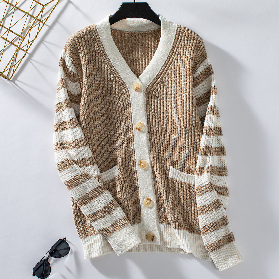 Trendy knitted jacket for women with a decorative rib pattern and chic stripes