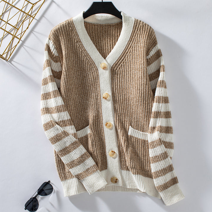 Trendy knitted jacket for women with a decorative rib pattern and chic stripes