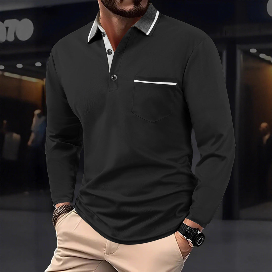 Men's long sleeve polo with textured collar and chest pocket Lune London