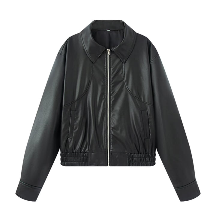 Biker jacket in faux leather for women with elastic waist and simple pockets Lune London