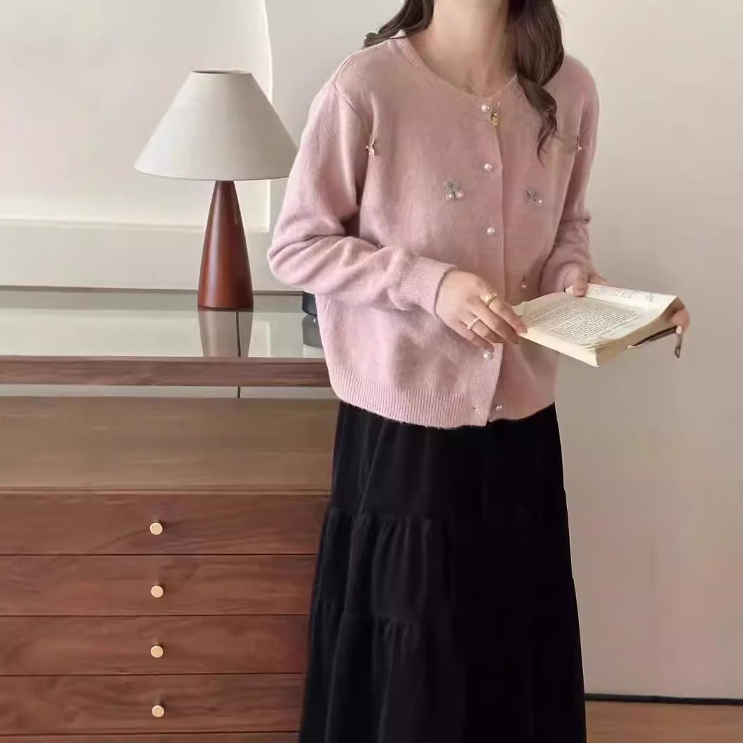 Knit jacket for women with floral embroidery and pearl buttons Lune London