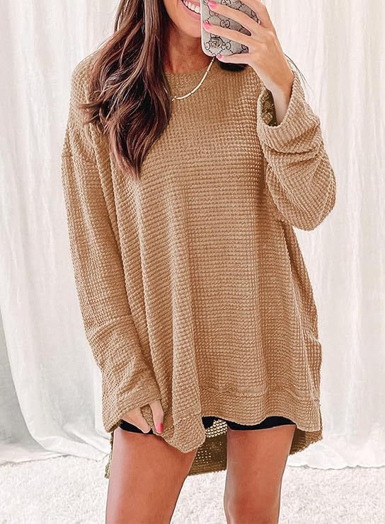 Waffle knit long sleeve sweater for women with open cut and side slits Lune London