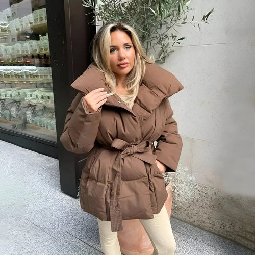 Fashionable women's down jacket with a wide collar and an adjustable belt Lune London