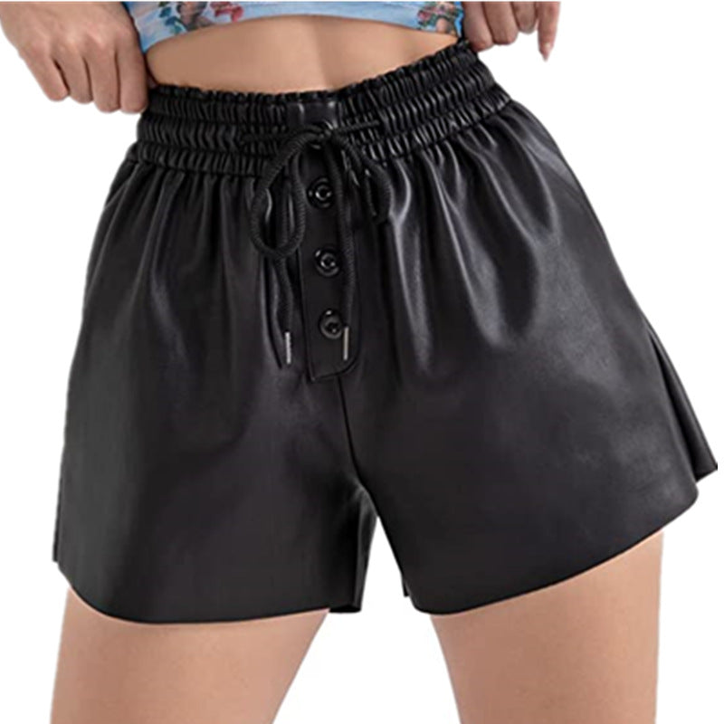 Casual women's shorts in innovative synthetic leather with an elastic waistband and practical button details Lune London