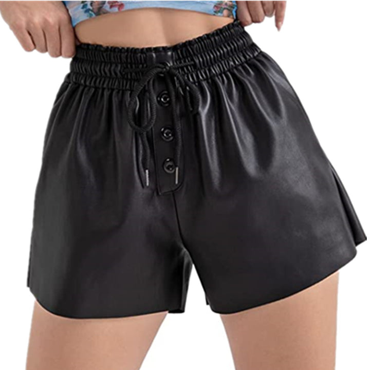 Casual women's shorts in innovative synthetic leather with an elastic waistband and practical button details Lune London