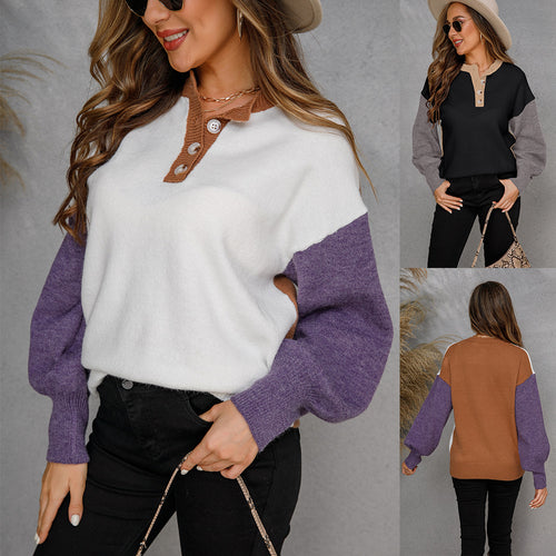 Pull décontracté pour femmes avec patte de boutonnage et manches contrastées Chic & Stil