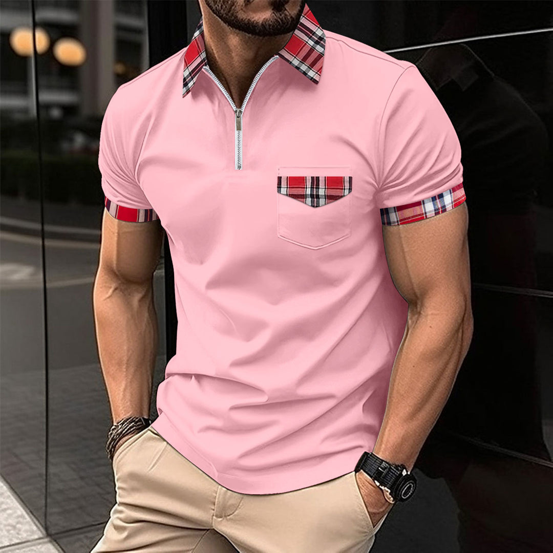 Men's modern half-zip polo with chic and stylish check detail