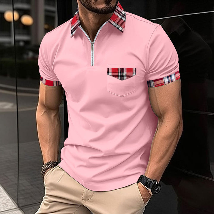 Men's modern half-zip polo with chic and stylish check detail