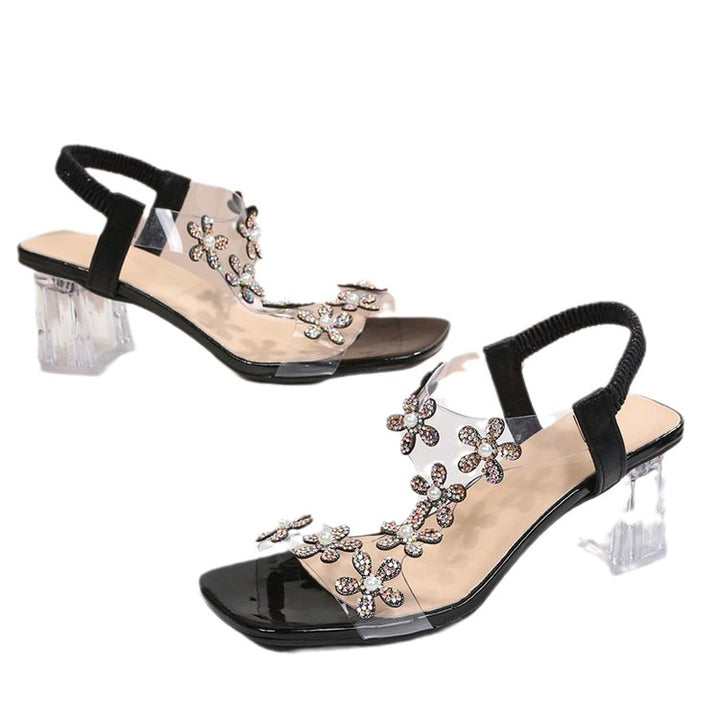 Elegant ladies sandals with floral appliqués and transparent heel Lune London