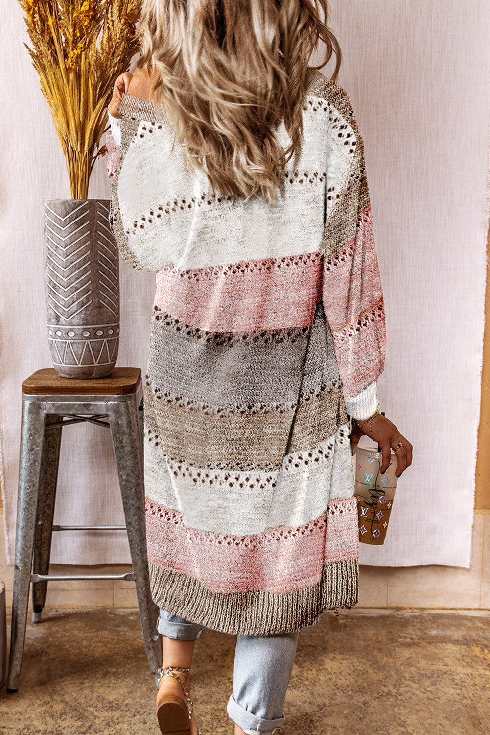 Women's knit jacket with a trendy color block design and airy crochet details Lune London