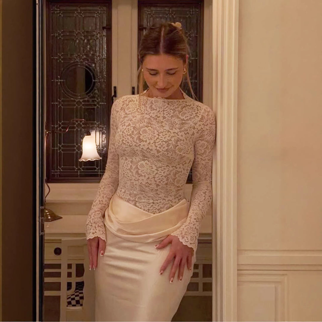 Women's Elegant Lace Blouse with Flowing Satin Skirt Lune London