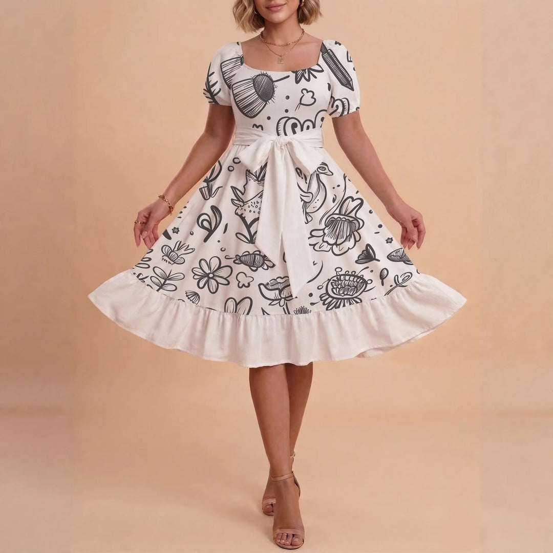 Women's Midi Dress with Elegant Floral Print and Fitted Belt Lune London