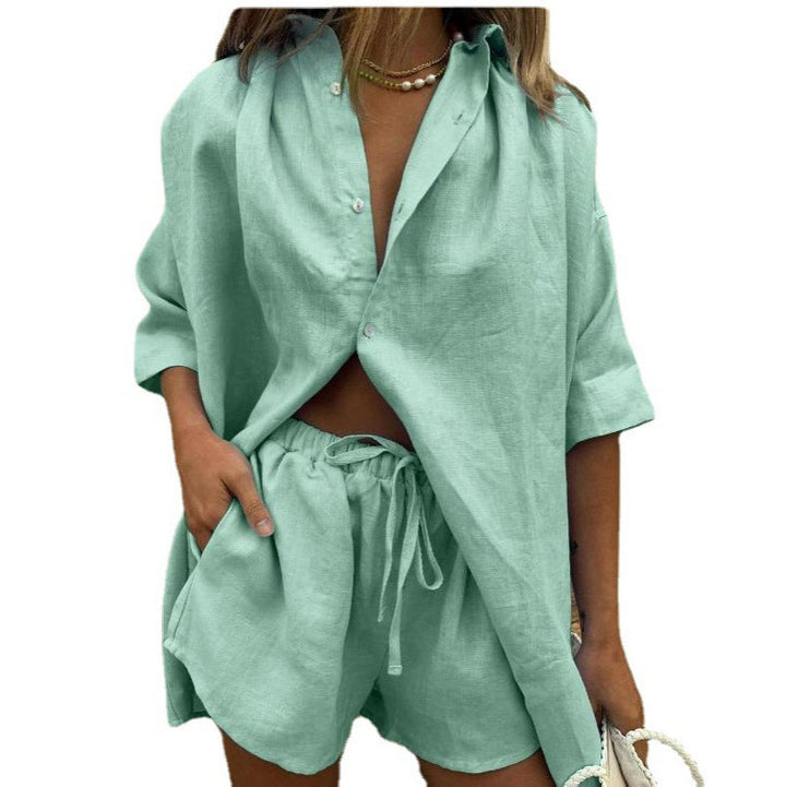 Women's Linen Blouse and Shorts Set with Relaxed Fit and Elastic Waistband Chic und Stil