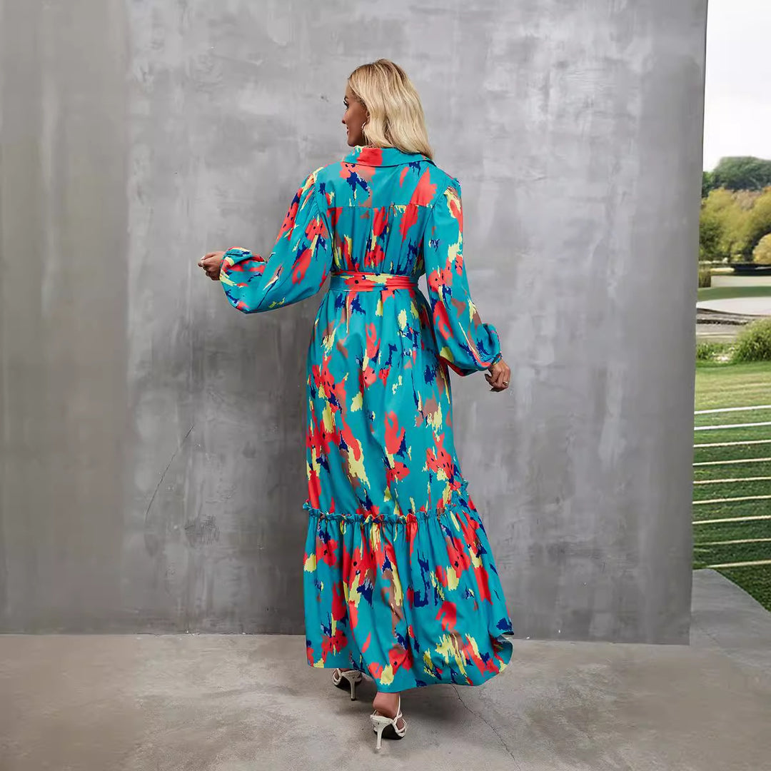 Ladies elegant maxi dress with high neck collar and colorful pattern Lune London