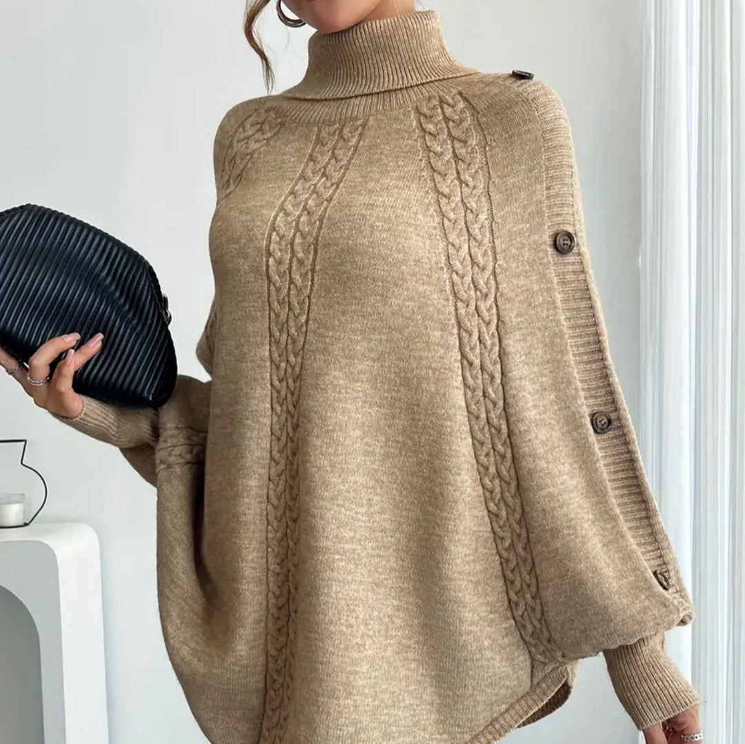 Ladies Elegant Knitted Poncho with Roll Neck and Chic 3D Pattern