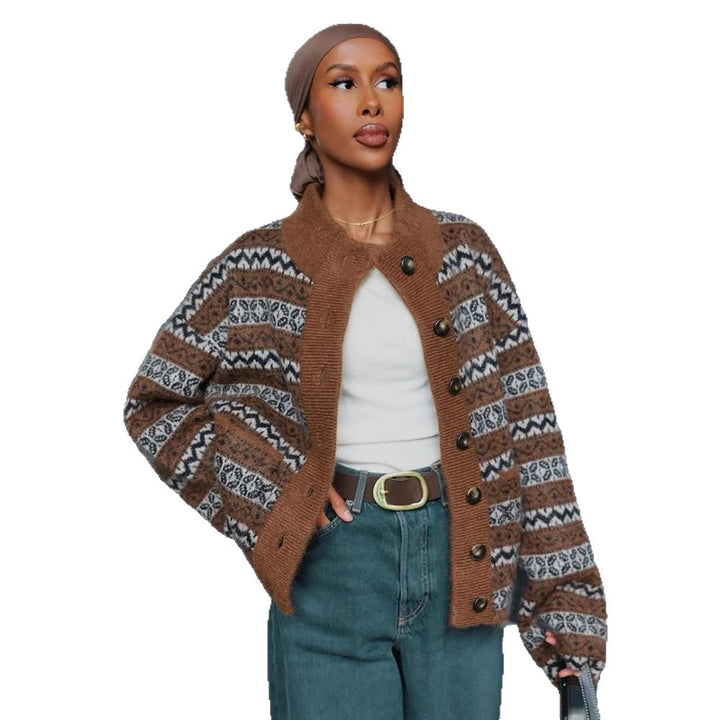 Ladies Jacquard cardigan with button placket and trendy pattern Lune London