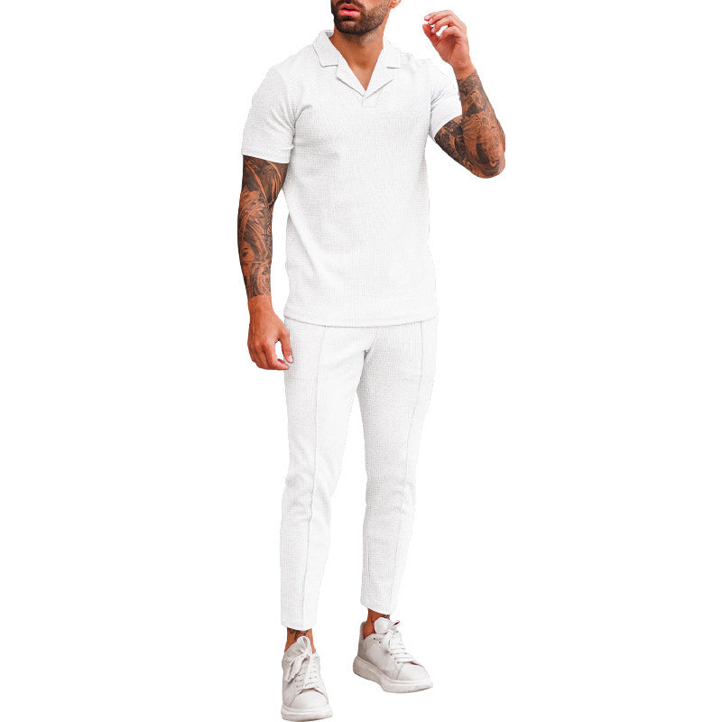 Elegant men's short sleeve polo with textured design and matching slim-fit trousers Lune London