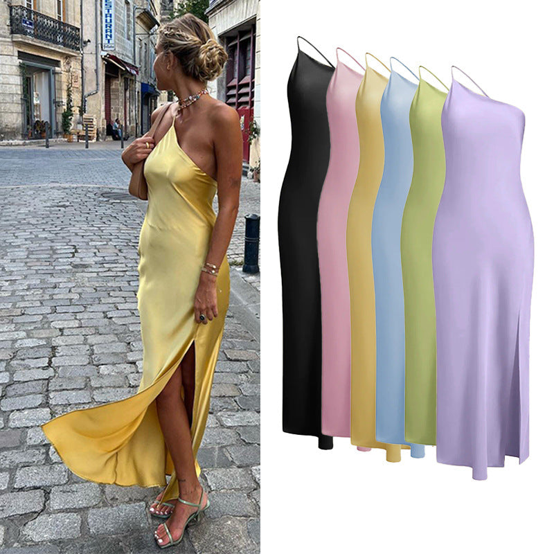 Maxi dress for ladies with asymmetric neckline and high slit Lune London