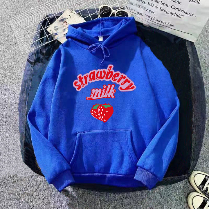Ladies hooded sweatshirt with cheerful strawberry milk design Chic & Stil