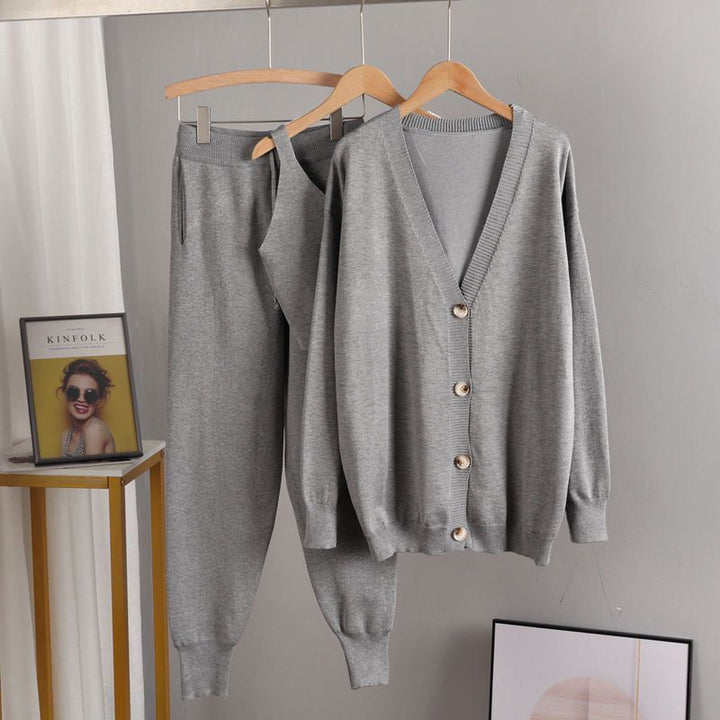 Elegant knitted women's outfit with chic button details