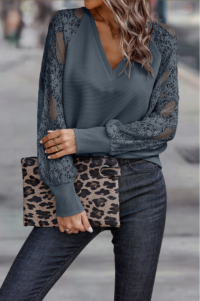 Ladies Elegant lace sleeve top with V neck Lune London
